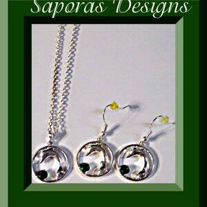 Silver Tone Dolphin Design Necklace & Dangle Earring Jewelry Set With Crystal